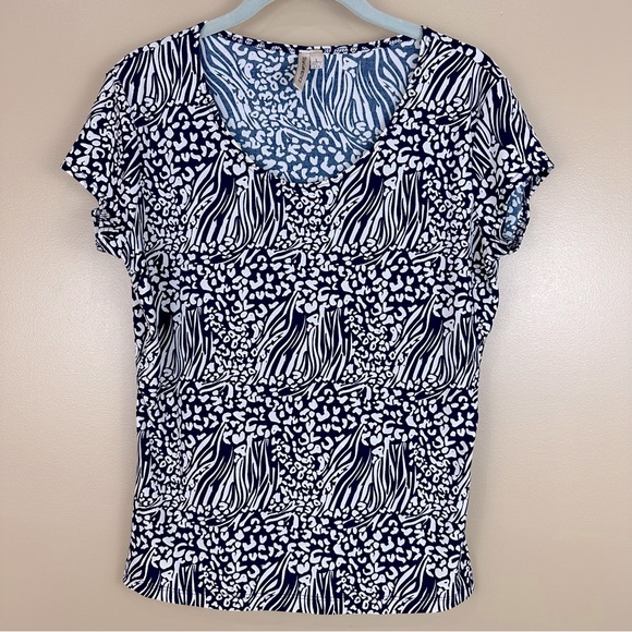 Susan Lawrence Navy Blue & White Animal Print Top Blouse Large - Picture 1 of 6